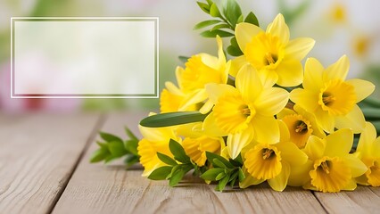 Yellow daffodils flowers on light brown wooden table with green leaves