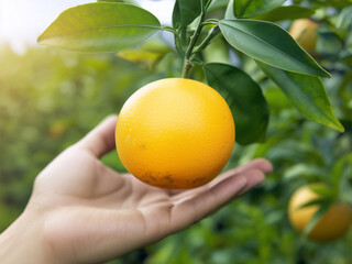Hand with ripe fresh orange growing on a tree in the farm background.