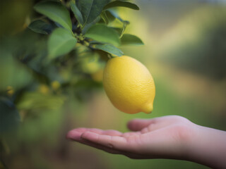 Hand with ripe fresh yellow lemon growing on a tree in the farm background.