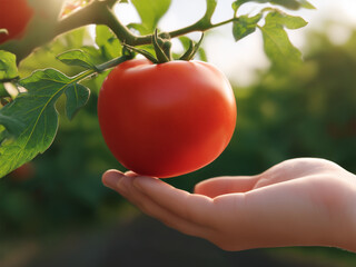 Hand with ripe fresh red tomato growing on a tree in the farm background.