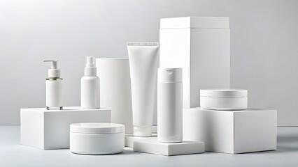 mockup Collection of white cosmetic bottles and jars arranged on white blocks for beauty product display.
