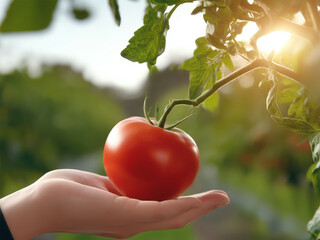 Hand with ripe fresh red tomato growing on a tree in the farm background.