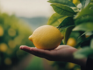 Hand with fresh yellow lemon growing on a tree in the farm background.