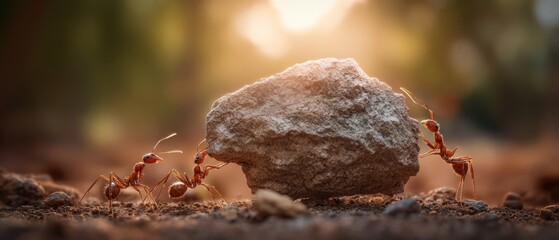 The Ants Working Together to Move a Large Rock on Sunlit Soil