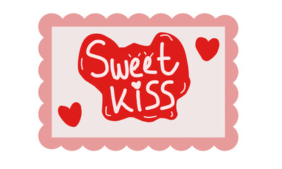 Sweet kiss hand drawn lettering on red speech bubble with pink scalloped frame background