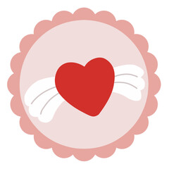 Red heart with white wings illustration on pink scalloped circle frame