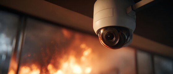 The Security Camera Watching a Building Interior During a Fiery Blaze Through Glass