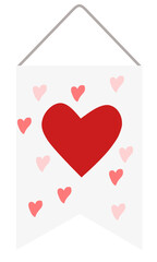 Vertical white hanging banner with multiple scattered red and pink hearts