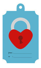 Blue gift tag with a red heart shaped padlock icon and keyhole