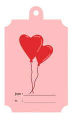 Pink gift tag featuring two red heart balloons and message lines