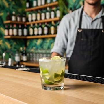 Caipirinha cocktail in a short glass, filled with muddled lime chunks and sugar, resting on a light wood bar. Background features Brazilian-inspired tropical decor and a wall of Cacha�a bottles. Blurr