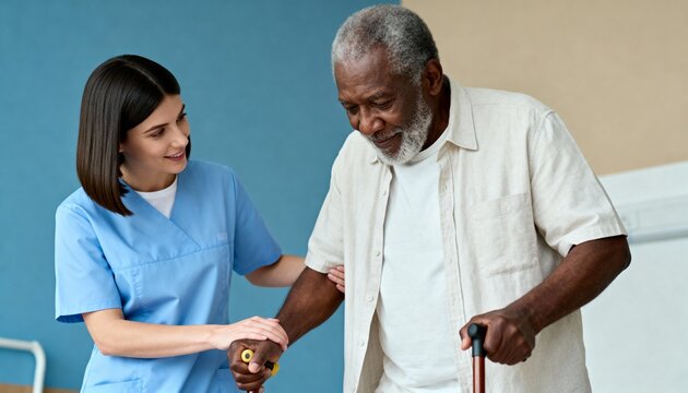 A female caregiver assisting an elderly African American man with a walking cane. A young nurse provides support to a senior patient during rehabilitation in a hospital.