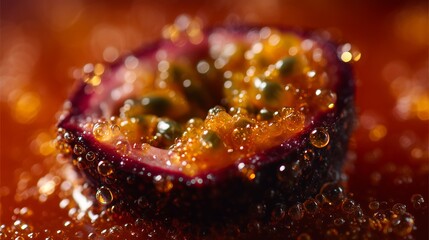 Macro shot of a passion fruit half with juicy seeds and bubbles, highlighting its vibrant colors and freshness.