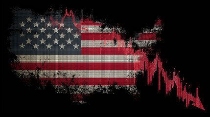 Distressed USA flag map with downward arrow symbolizes economic downturn.