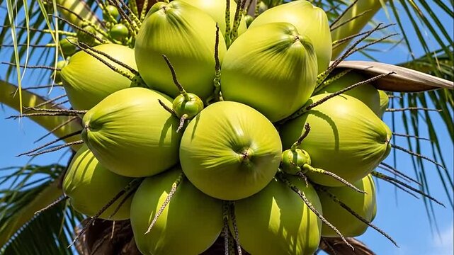 Fresh green coconuts hanging on a palm tree under a clear blue sky in a tropical setting
