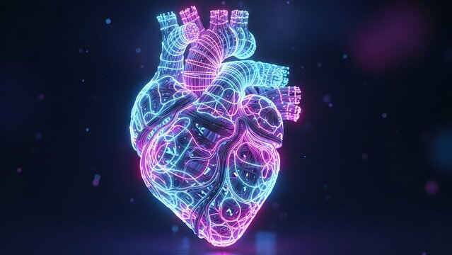 Futuristic neon anatomical heart glowing with digital wireframe circuits and blue light