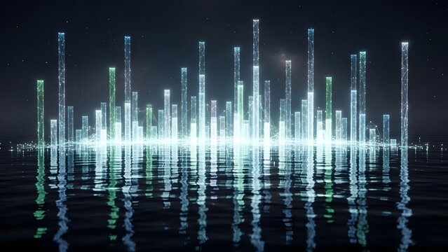 Abstract 3D bar graph data visualization glowing on dark reflective water surface