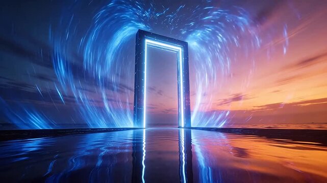 Neon blue glowing rectangle gate over water at twilight