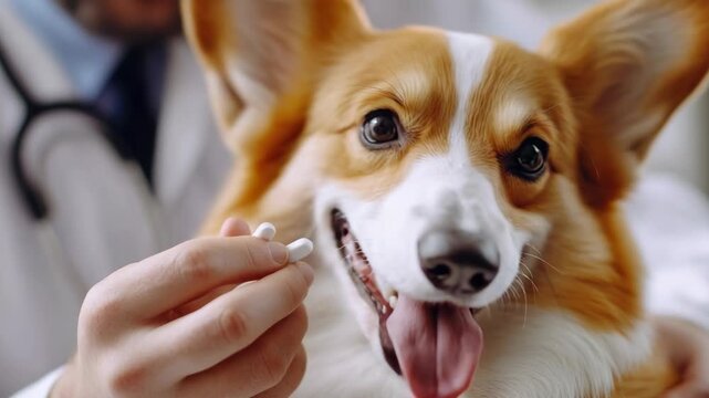 A Corgi receiving dental care from a veterinarian. A gentle touch of the vet's hand and brush cleans the dog's teeth.