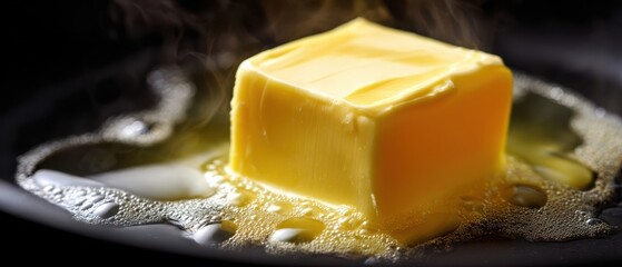 The Butter Cube Melting in a Sizzling Hot Skillet with Steam and Bubbles