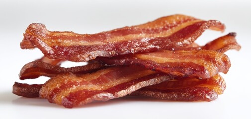 The Bacon Strips Stacked on White Background Showcasing Crispy Golden Texture