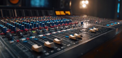 The Mixing Console Close-Up in a Professional Recording Studio with Glowing LEDs