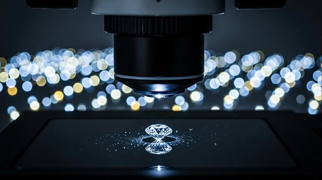 Diamond gemstone being inspected under a microscope in a dark scientific laboratory with bokeh lights