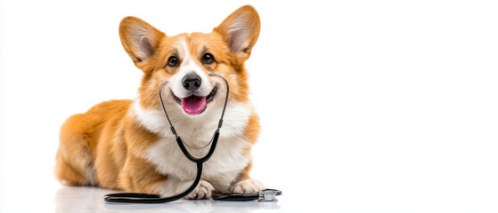 The Corgi Holding a Stethoscope Playfully on White Background Veterinary Concept