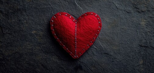 The heart-shaped red felt cushion resting on dark textured stone background evokes warmth
