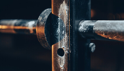 Squat Rack Chalk Marks. Fitness Resolutions - High-Intensity Training & Athletic Ambition. Thick residual chalk marks and scuffs on a steel squat rack upright set against a dark background.

