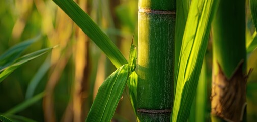 The Bamboo Stalk and Lush Green Leaves Bathed in Warm Sunlight