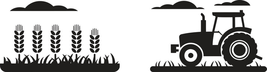 Fototapeta premium Black silhouette design of farm tractor working in agricultural field isolated on white background, farming vector illustration