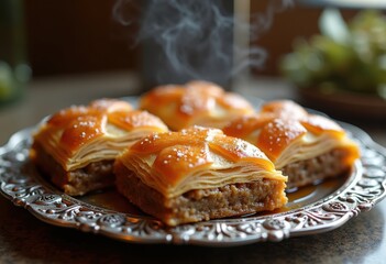 Inviting Baklava Pastry Nestled on Ornate Silver Tray Glimmering with Honey Nut Goodness