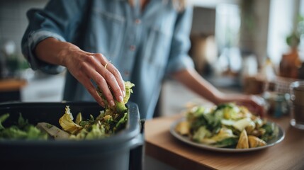 A person discards vegetable scraps into a kitchen compost bin, promoting eco-friendly waste management and sustainable living.