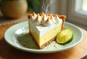 Key Lime Pie with Graham Crust Bright Green Citrus Meringue on Soft Pastel Dessert Platter