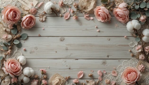 Rustic floral border with pink roses on white wooden background