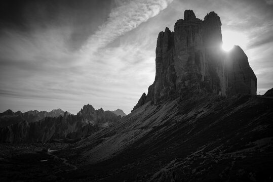 Tre Cime di Lavaredo in the Dolomites in black and white monochrome
