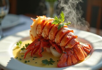 Lobster Tail Half Shell Dish Exquisite Butter Glaze On White Linen Texture
