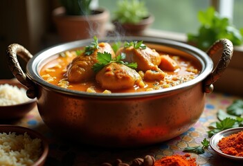 Lush Chicken Curry Nestled in Traditional Copper Pot Accompanied by Fragrant Basmati Rice, A Stunning Culinary Masterpiece