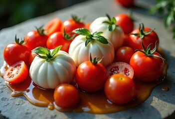 Lush Tomato and Mozzarella Arrangement Bathed in Soft Natural Light Against Textured Stone Surface