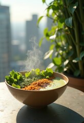 Minimalist Superfood Smoothie Bowl Rooftop Cafe Urban Oasis Wellness Clean Aesthetic