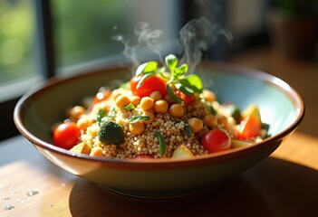 Nourishing Quinoa Bowl Elevated with Roasted Chickpeas and Colorful Garden Vegetables in a Contemporary Health Cafe Setting