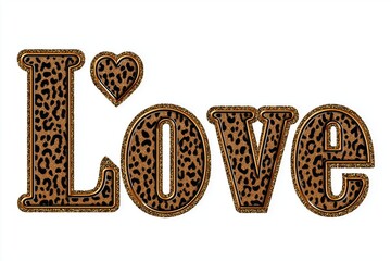 Love is written in a leopard print font with a heart in the middle