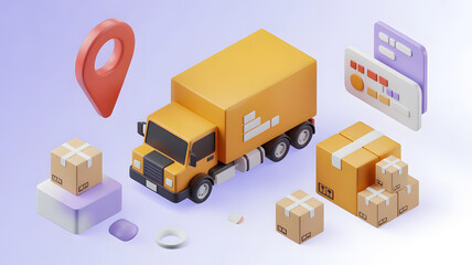 Fast Delivery Logistics: This image captures a visual narrative of swift and dependable delivery. An illustrated delivery truck, surrounded by shipping boxes, location pin.