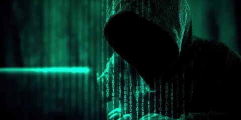 The Hooded Hacker Silhouette Surrounded by Floating Binary Code and Neon Light