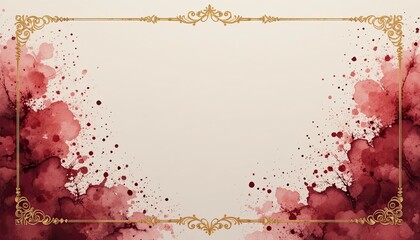 Naklejka premium Elegant gold frame with red watercolor splatters on beige background