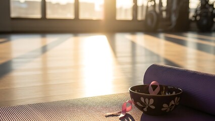Serene yoga studio setup with exercise ball and mat at sunrise