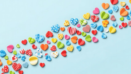 Colorful heart shaped stickers on blue background