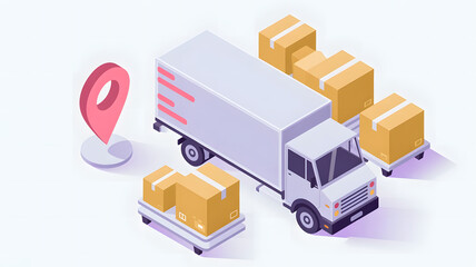 3d isometric illustration of a delivery truck with boxes driving through a city street past business buildings and home architecture for cargo transport industry design