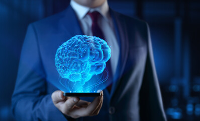 Businessman Holding Smartphone Phone with Human Brain Hologram - Futuristic Concept of Intelligence, science and mind